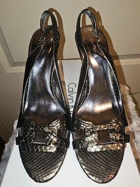 Calvin Klein Metallic Bronze Snake-Embossed Slingback Heels